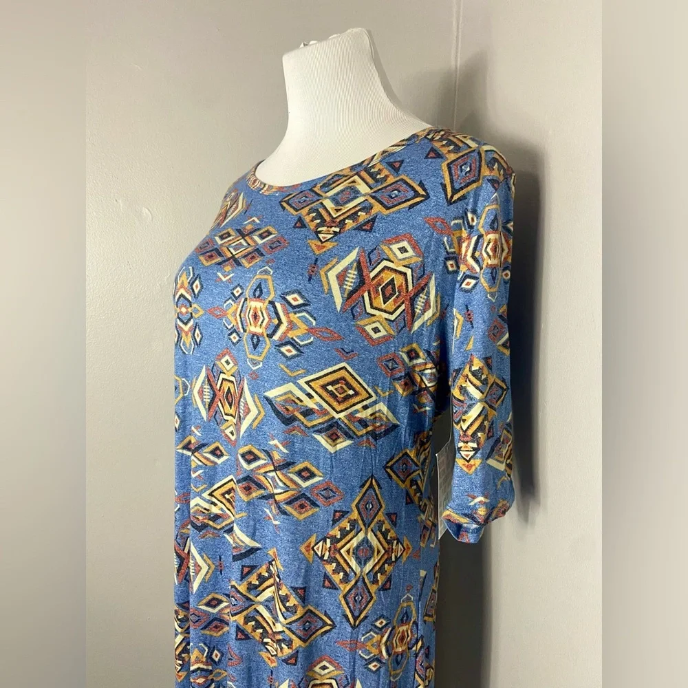 LuLaRoe Julia Dress Blue with Multicolored Aztec Pattern Midi Form Fitting - Picture 3 of 7